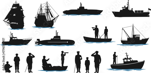 Ship silhouettes, sailor icons, naval vessels, submarine, patrol boat, fishing ship, maritime scene, water accent, black vector, sea transport, crew poses