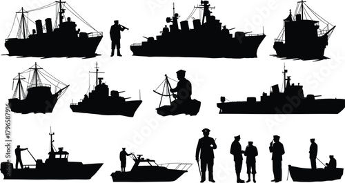 Ship silhouettes, sailor icons, fishing boat, naval vessel, maritime crew, black vector, captain pose, sea transport, antenna detail, grid layout