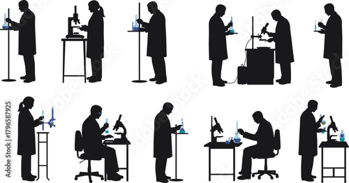 Scientist silhouettes, lab research, microscope, test tube, beaker, flask, experiment poses, black vector icons, science activity, white background