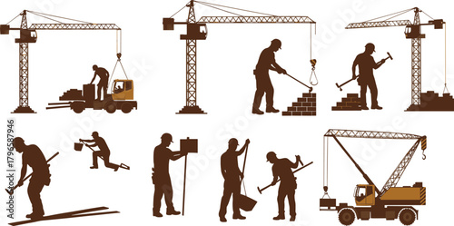 Silhouettes of Construction Workers and Cranes – Industrial Labor and Machinery Scene