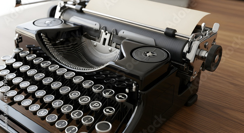 Classic typewriter on wooden desk evokes vintage charm and nostalgia for creative writing projects and historic storytelling, perfect for writers