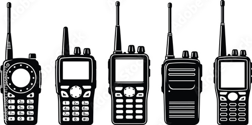 Walkie talkie set, handheld two-way radios, black and white vector, communication devices, security equipment, emergency services, retro design, CAD drawing