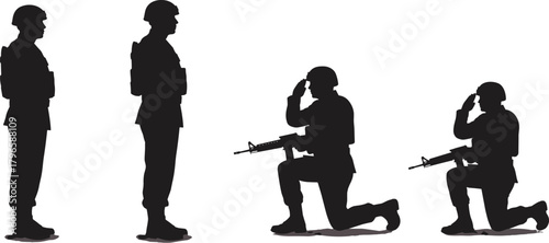 Soldier silhouettes, standing and kneeling, rifle salute, military respect, black vector icons, honor gesture, white background, ceremonial pose