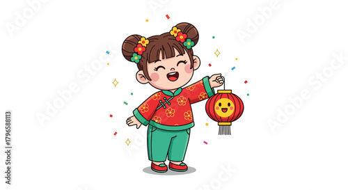 Adorable cartoon girl in traditional Chinese attire holding a festive lantern