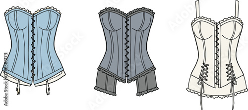 Vintage corset illustration, lingerie fashion sketch, lace trim details, structured bustier design, feminine garment art, elegant underwear drawing