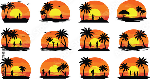 Sunset beach silhouette set, tropical vacation scenes, palm tree and people vector, romantic evening design, nature relaxation illustration collection