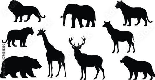 Wild animal silhouette set, jungle and savannah species vector, wildlife profile design, nature creature graphics, educational animal collection