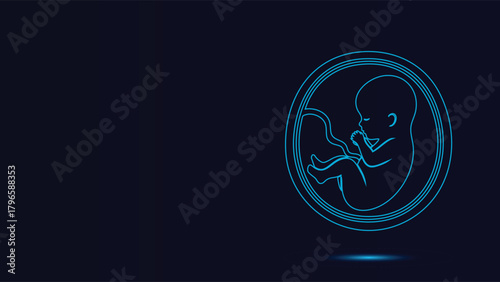 Futuristic Neon Blue Line Art Vector Illustration Of A Developing Human Fetus Inside The Womb Representing Prenatal Development And Advanced Medical Technology On A Dark Background