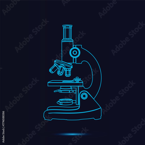 Glowing Blue Outline Vector Graphic of a Modern Laboratory Compound Microscope Used for Scientific Research Analysis and Biology Education on a Deep Dark Technology Background