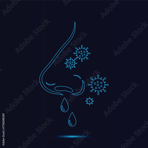 Glowing Blue Line Art Vector Illustration of a Human Nose with Clear Liquid Droplets and Pathogenic Microorganisms Highlighting Common Cold Symptoms Allergy Reactions and Airborne Virus Tran
