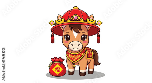 Adorable Cartoon Horse Wearing Traditional Chinese Hat and Festive Attire.