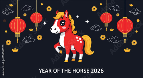 Adorable Cartoon Horse with Chinese Lanterns and Gold Coins for Year of the Horse 2026 Celebration.