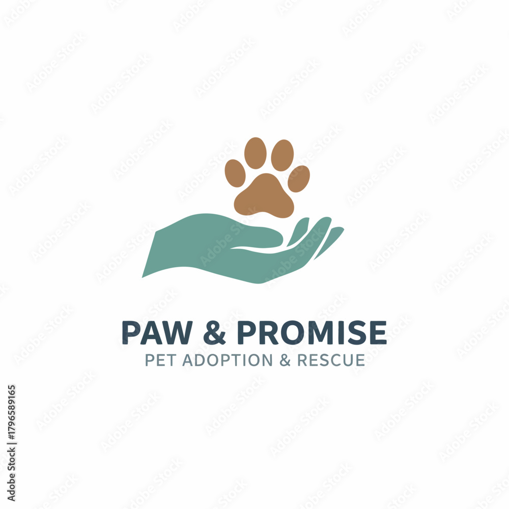 Obraz premium A logo shows a hand cupping a paw print. Below is the name and a description on white background