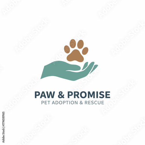 A logo shows a hand cupping a paw print. Below is the name and a description on white background