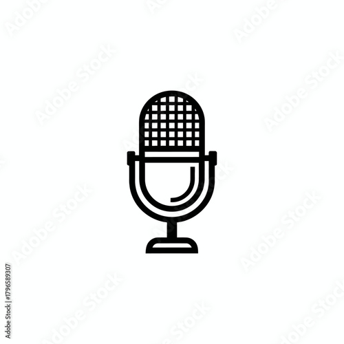A black and white line drawing of a retro microphone on a white background