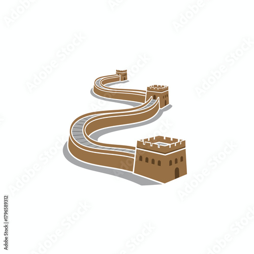 Illustration of a brown structure with a winding path and watchtowers, on a white background