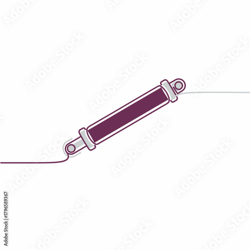 A technical drawing of a hydraulic cylinder, at an angle on a plain white background