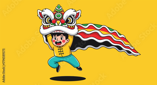 Cheerful child in traditional costume performing a vibrant lion dance.