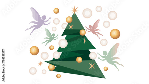 Enchanted Christmas Celebration: A whimsical Christmas tree, adorned with shimmering ornaments, twinkles with magic. Graceful fairies flutter around.