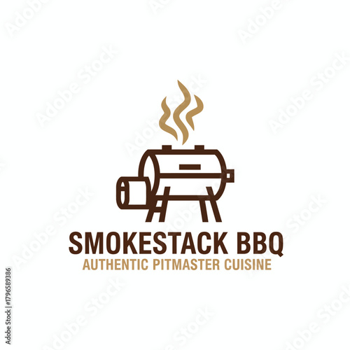 A logo of a brown barbecue grill with smoke emitting, and text below describing food