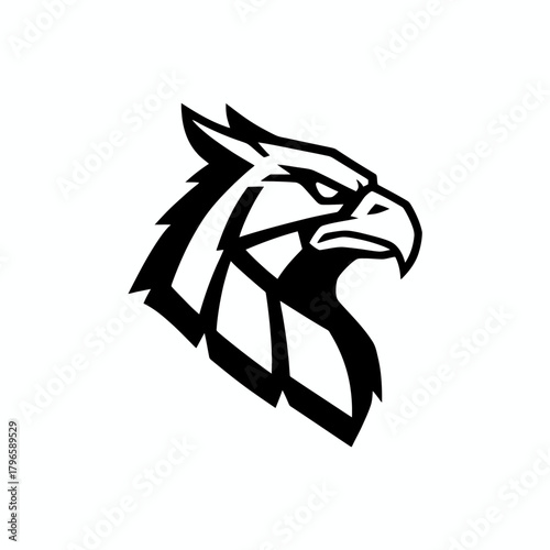 Black and white stylized head of a bird of prey, featuring a sharp beak and intense gaze