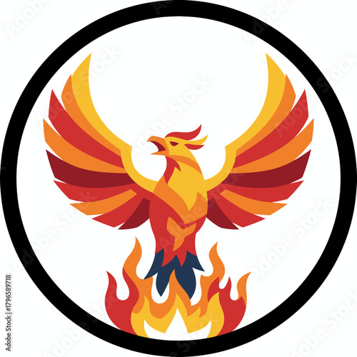 A stylized image of a bird with outstretched wings, emerging from flames within a black circular border