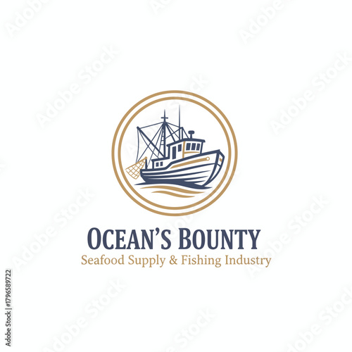 A marine-themed logo, featuring a boat illustration within a gold-colored circle, & text below