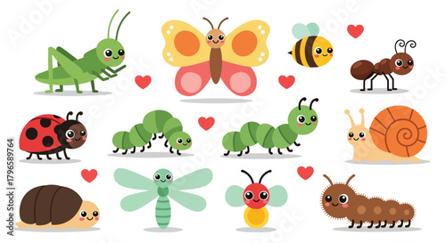 Collection of Cute Cartoon Insects and Bugs with Hearts.