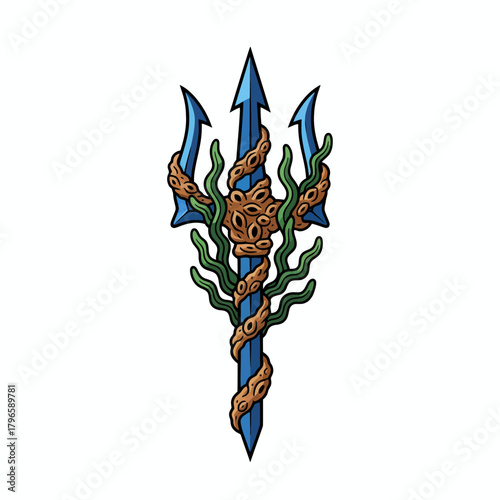 A stylized trident with coral and seaweed overlays, in a cartoonish aesthetic
