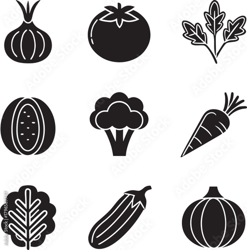 Simple Silhouette Icons of Various Healthy Vegetables