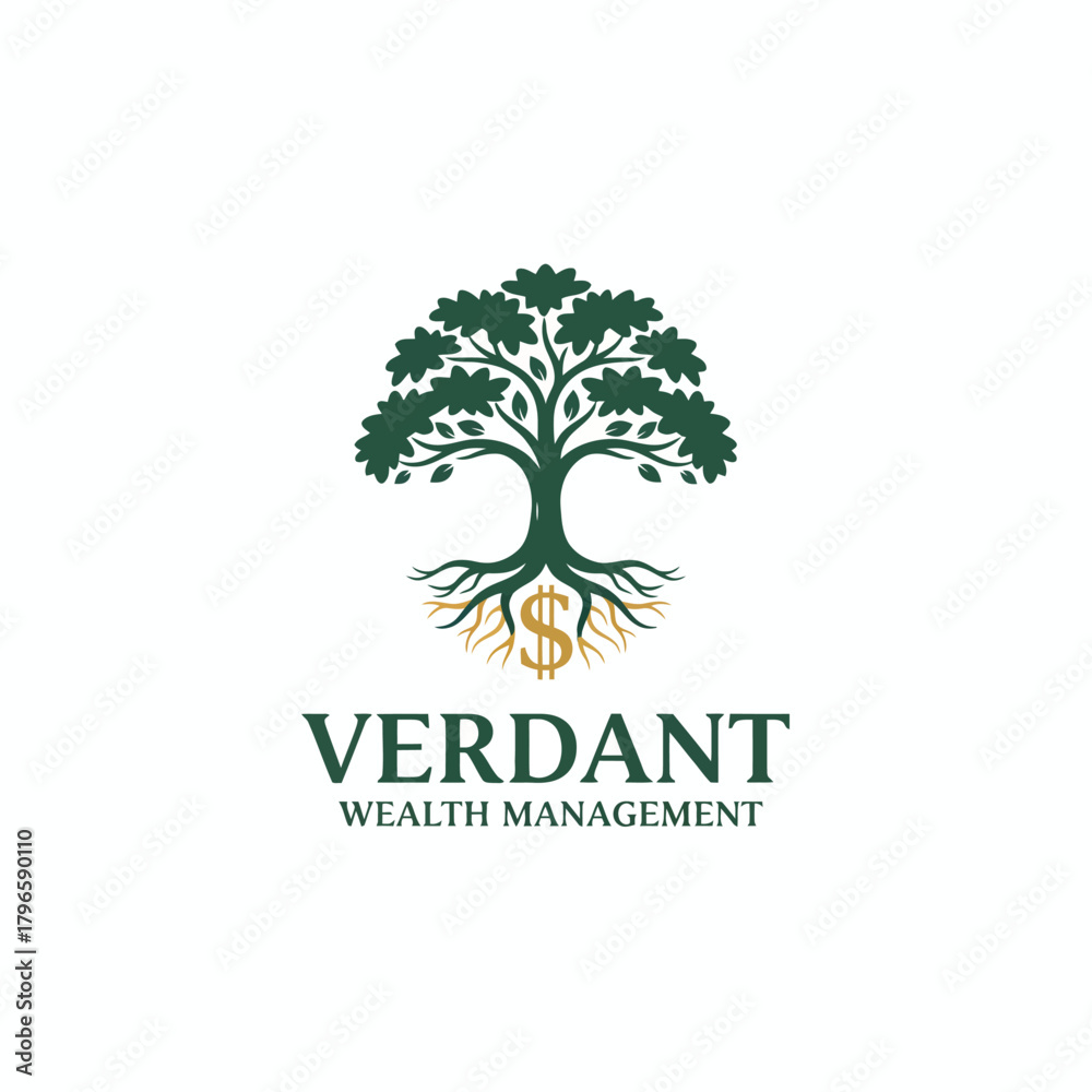 Obraz premium A logo featuring a verdant tree with roots, with dollar sign in roots, above 