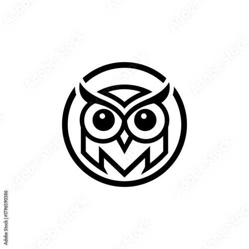 A stylized owl illustration with bold black lines, enclosed within a circular frame, on a white background