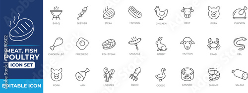 Meat, fish, poultry, and eggs - minimal thin line icon set. egg, grilled fish, ham, hen, hot dog, meat, mouton outline icons collection.