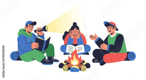 Friends Reading Around A Bonfire, Sharing Stories And Enjoying The Campfire Night
