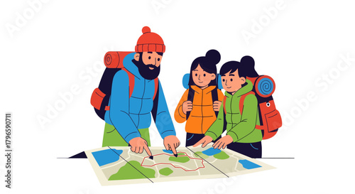 Group Of Adventurers Consulting Map In Preparation For Exploring Vast Wilderness Areas