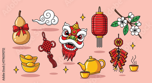 Festive Chinese New Year Decorations and Symbols Collection.