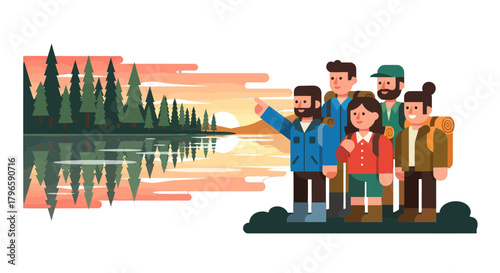 Group Of Adventurers Discovering A Scenic Landscape During A Trekking Adventure