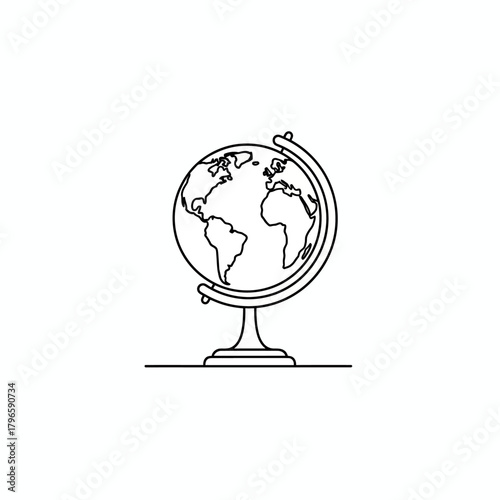 A detailed black and white line drawing of a globe on a stand, showcasing landmasses