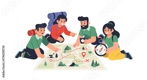 Group Of Adventurers Consulting Map In Preparation For Exploring Scenic Landscapes