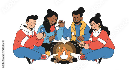 Friends Roasting Marshmallows Around Campfire Enjoying Bonding And Using Phones