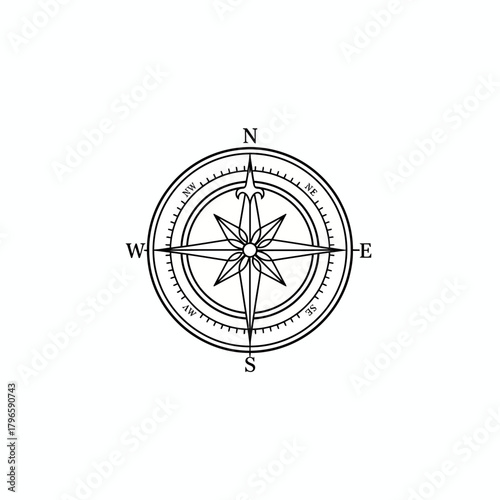 A black and white illustration of a compass rose with directional markings and design