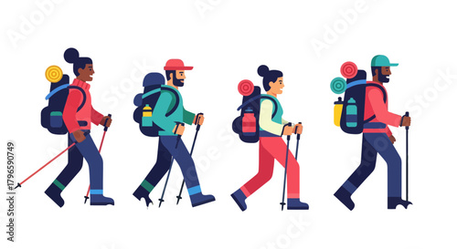 Group Of Adventurers Embark On A Journey In Vibrant Geometric Illustration Style