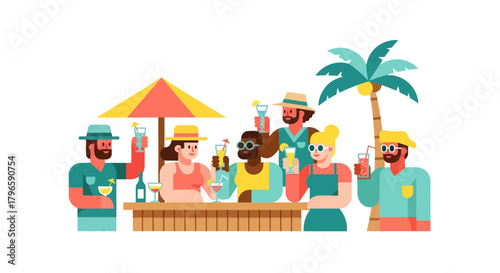 Friends Toasting Cocktails At A Beach Bar, Enjoying Leisure And Summer Fun