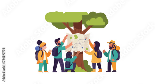 Group Of Adventurers Discovering Route In Forest With Map and Backpacks