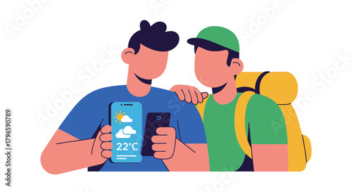 Friends Traveling Together Checking Weather Information For Forecasted Adventures