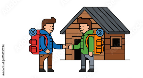 Friendship And Adventure: Two Hikers Greeting Near A Wooden Cabin In The Wilderness