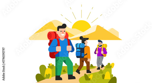 Group Of Adventurers Embark On A Journey To A Desert Landscape Illustration