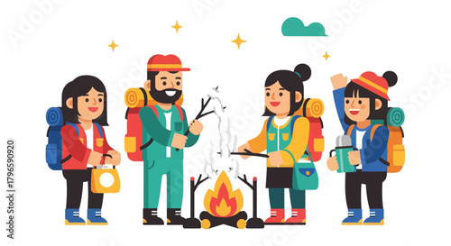 Group Of Adventurers Gathering Around A Campfire Preparing For The Night Activities