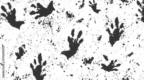 Black paw prints and splatters on white background seamless pattern animal track