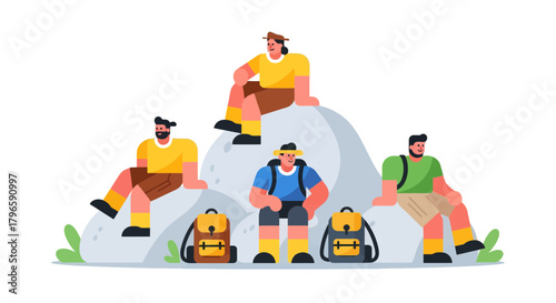 Group Of Adventurers Gathering At An Elevated Point And Planning Their Next Expedition